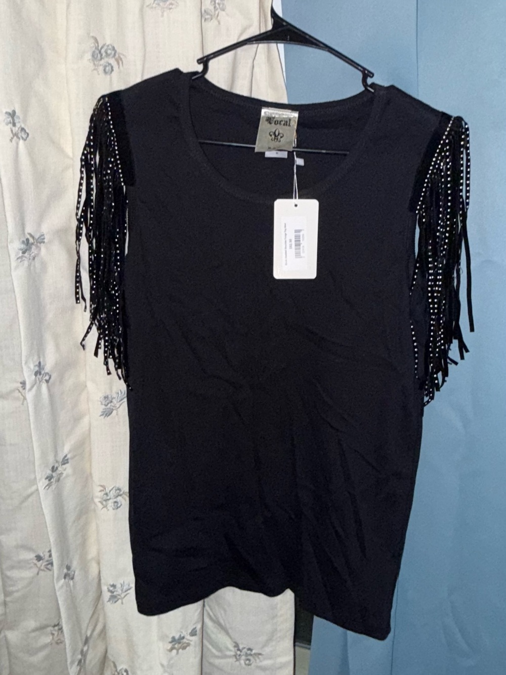Vocal Black Short Sleeve Top with Studded Fringe Sleeves